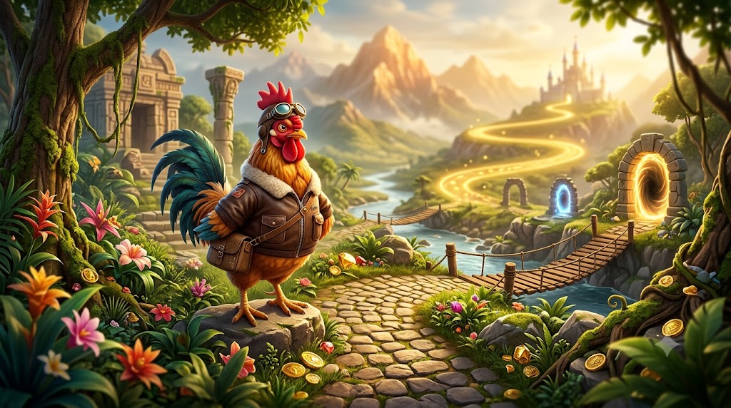 Gallina aventurera en la carretera principal hacia el castillo dorado de Chicken Road 2