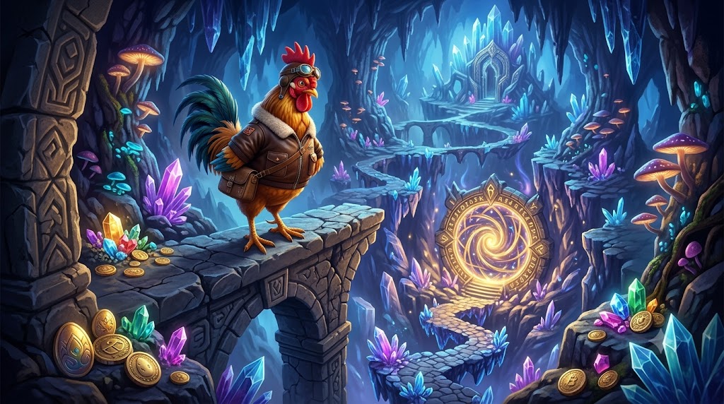 Gallina con traje de aviador explorando la cueva de cristales y portales energéticos azules en Chicken Road 2